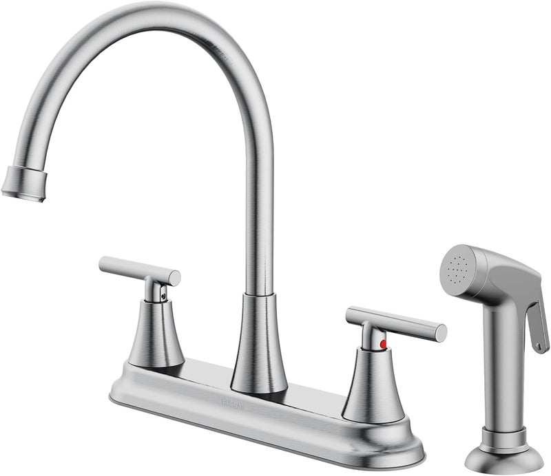 Hurran 2-Handle Kitchen Faucet with Pull-Out Side Sprayer, 8 Inch High Arch Stainless Steel 360°Rotating Kitchen Sink Faucet, 4 Hole Faucet for Kitchen Bar Rv Camper, Nickel - Image 1
